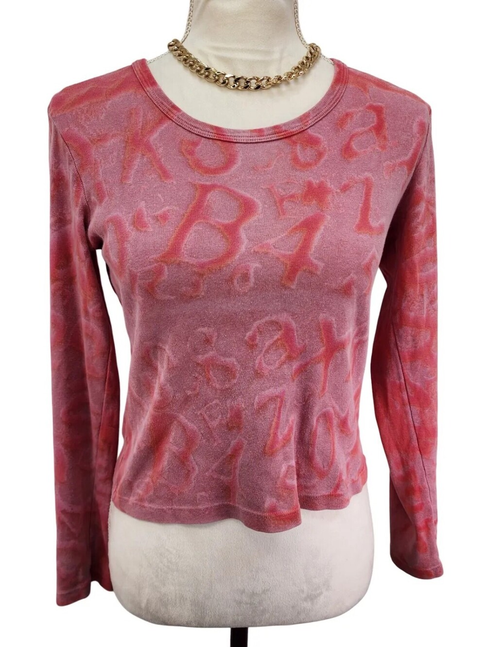 Pink Red Text Print Burnout Long Sleeve Tee M